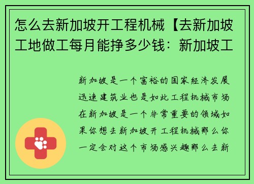 怎么去新加坡开工程机械【去新加坡工地做工每月能挣多少钱：新加坡工程机械市场探秘】